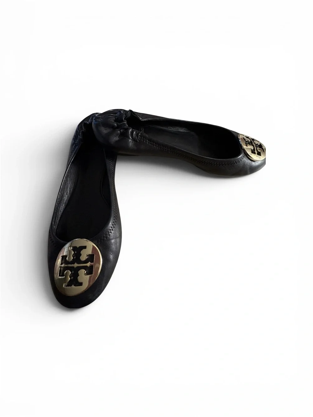 Tory Burch Black Leather Ballet Flats with Gold Logo Medallion